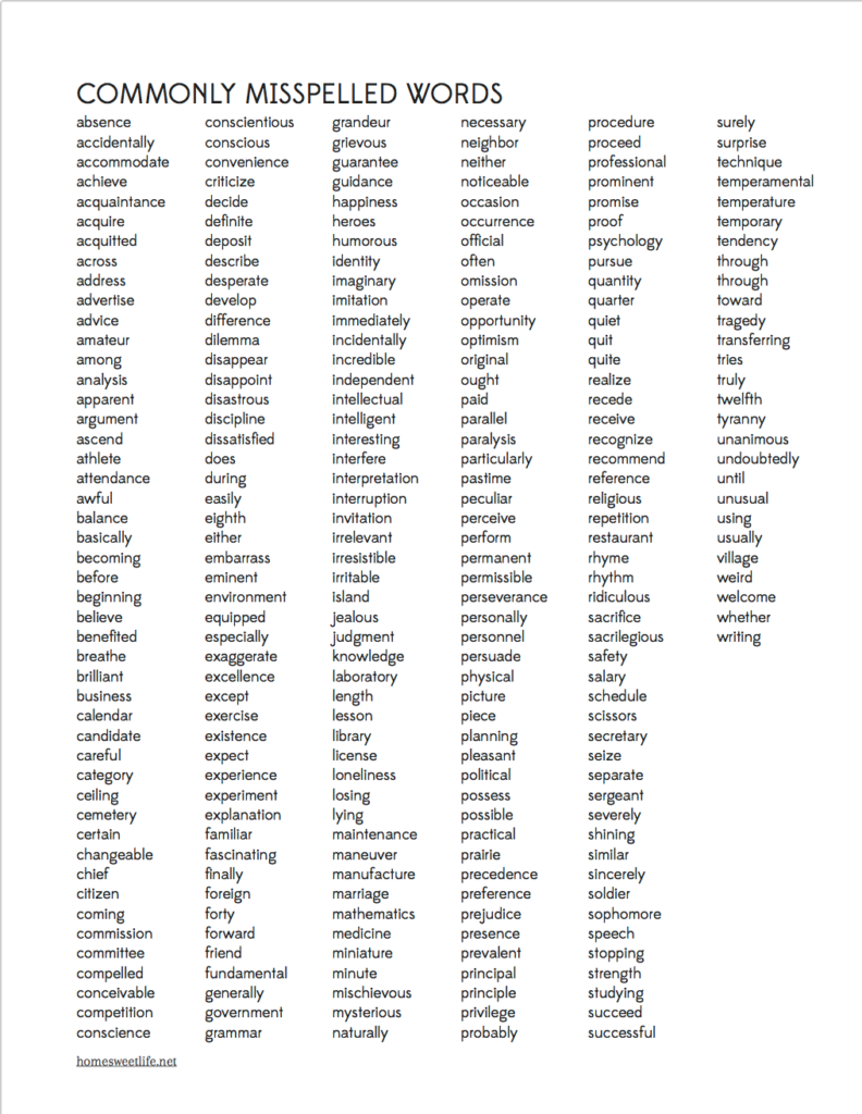 Commonly Misspelled Words   Home Sweet Life