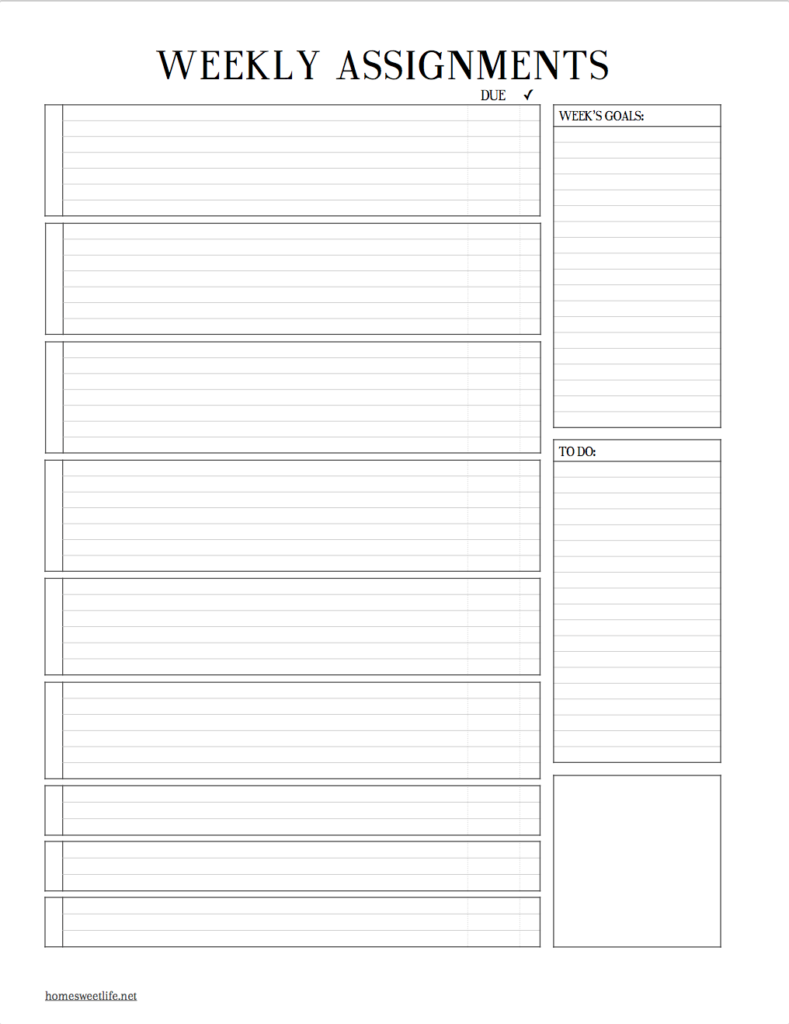 High School Weekly Assignment Sheet – Home Sweet Life